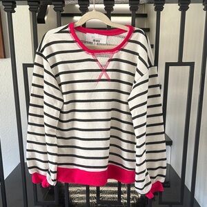 Striped Crewneck Sweater - White & Black with Pink Trim